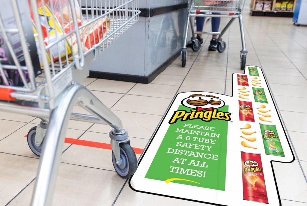 The future of floor graphics with Drytac; pringles can social distancing example in grocery store.